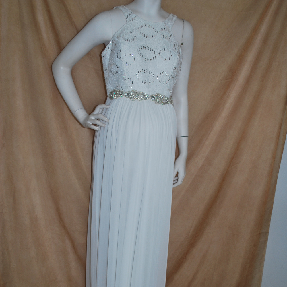 Long Ivory Lace Chiffon Rhines Round Neck Vneck